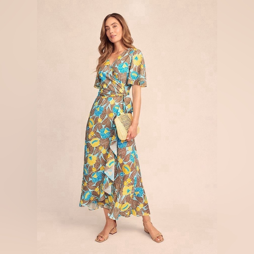 NEW J.Mclaughlin Audette Dress Aqua Brown Gold Size Large Midi Wrap NWT